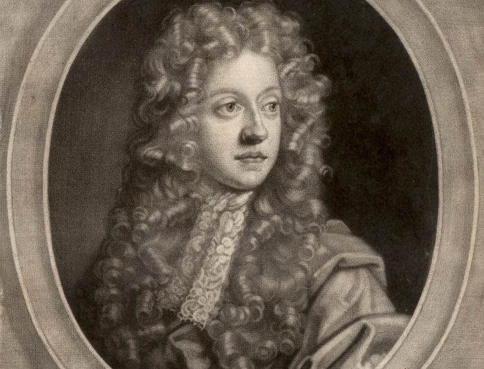 Illustration of Godfrey Copley FRS, a young white man in an elaborate  wig
