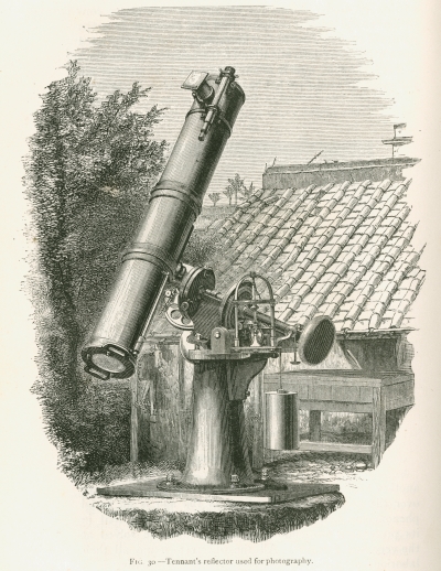 Illustration of a reflecting telescope, from 'Contributions to solar physics' by J Norman Lockyer (1874)