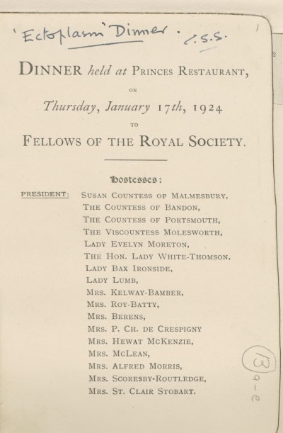 'Ectoplasm Dinner' list of hostesses, 1924 