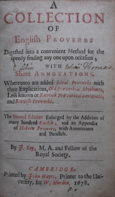Title page of John Ray’s ‘English proverbs’, 2nd edition, 1678