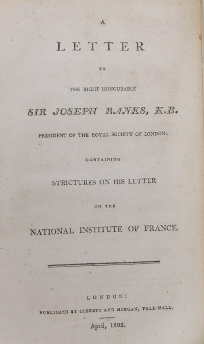 Letter to the Right Honourable Sir Joseph Banks, 1802