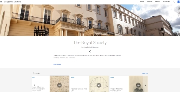 Homepage of the Royal Society on Google Arts & Culture