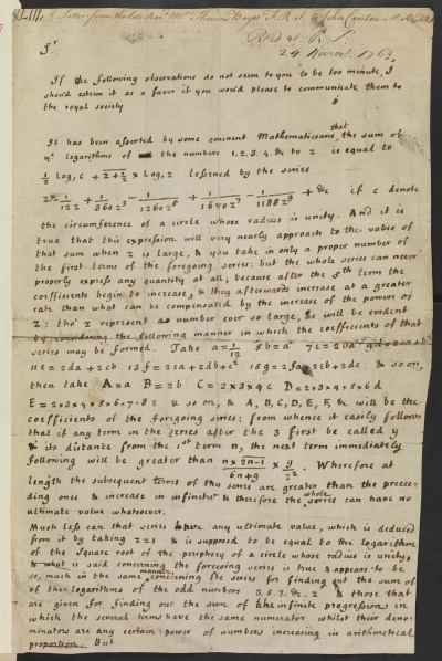 Letter from Rev. Thomas Bayes to John Canton, 1763