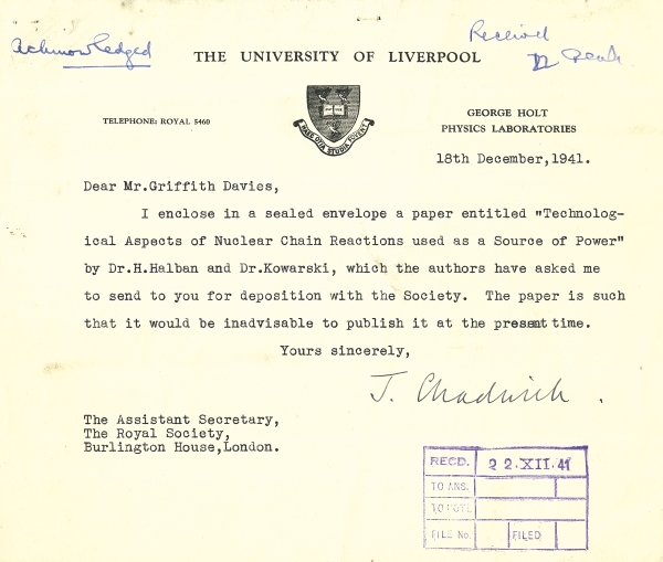 Letter from Sir James Chadwick FRS to the Royal Society