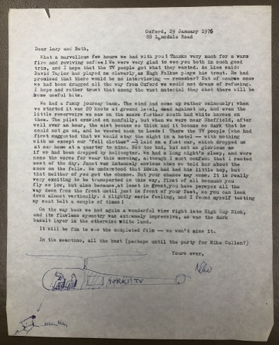 Letter from Nikolaas Tinbergen to Lary Shaffer describing a helicopter flight while filming with Yorkshire TV
