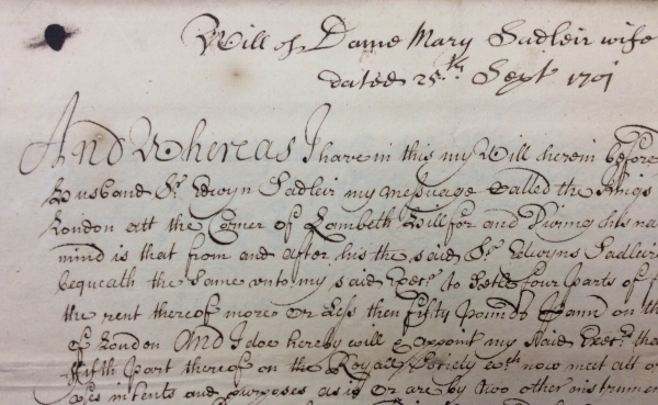 Copy of Mary Sadleir’s 1701 will