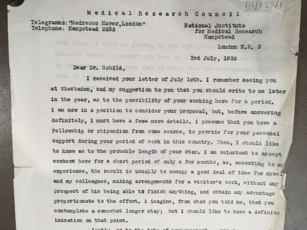 Letter from Sir Henry Dale to Dr Schild, 1932