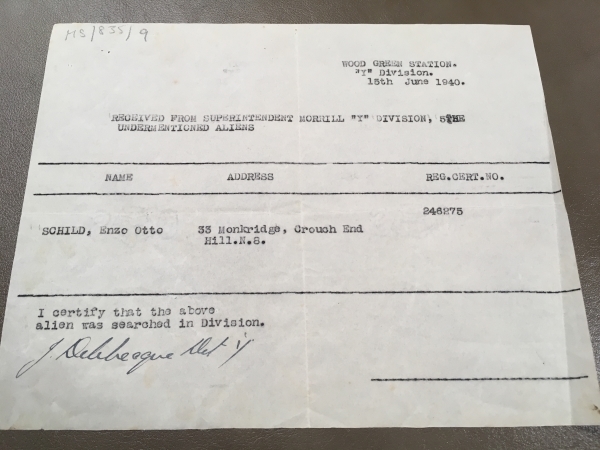 Search certificate from Schild’s arrest, 1940