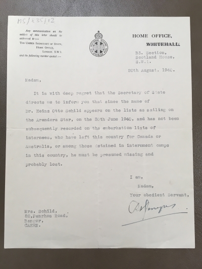 Home Office letter notifying Schild’s wife of his ‘death’, 1940