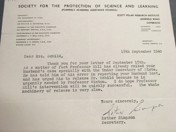 Letter from Esther Simpson, Secretary of the SPSL, to Mrs Schild, 1940