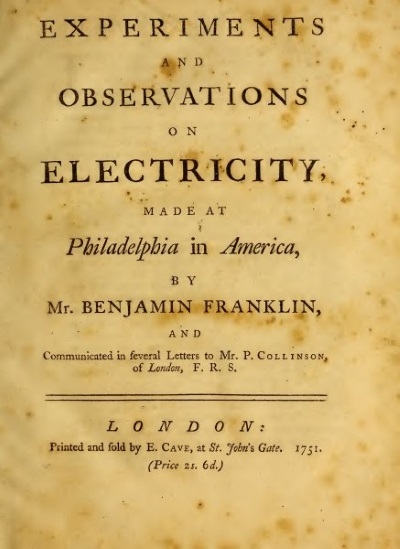 Title page of Benjamin Franklin's ‘Experiments and Observations on Electricity’, 1751