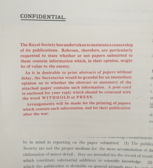Addendum attached to Royal Society Referees’ Report forms during World War II