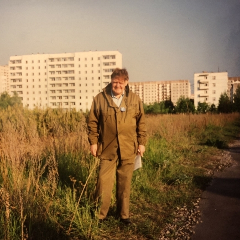 Photograph of Frederick Warner FRS in the evacuated town of Pripyat, 1994
