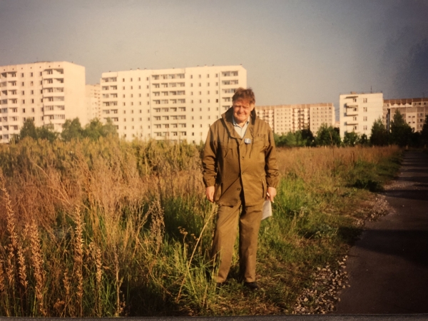 Photograph of Frederick Warner FRS in the evacuated town of Pripyat, 1994