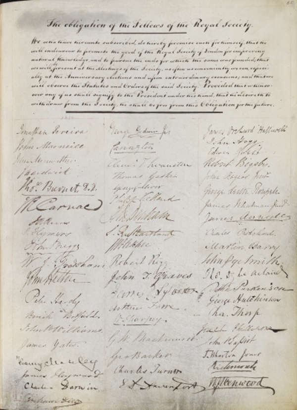 Folio 65 of the signatures in the Royal Society Charter Book, including Charles Darwin