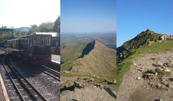 Snowdon Mountain Railway; Y Lliwedd from the summit of Snowdon; summit cairn from the Llanberis path down