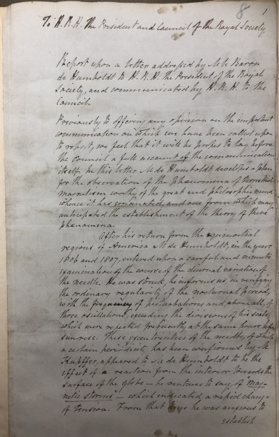 Report for the Royal Society Council on Humboldt’s letter