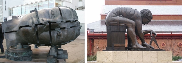 ‘Head of Invention’ outside the Design Museum, and ‘Newton after Blake’ outside the British Library