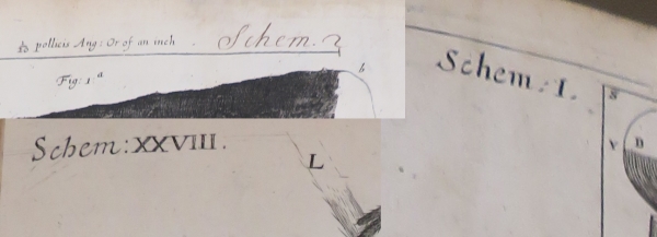 Some of the lettering found on the plate titles in Hooke's Micrographia, including a handwritten addition for Schema 2