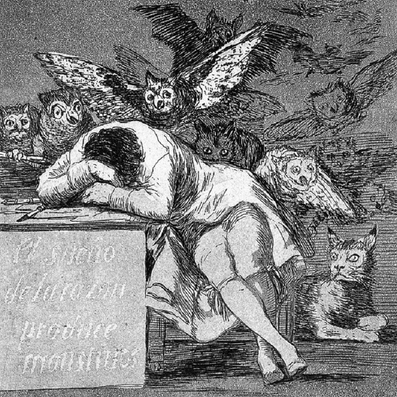 A man asleep dreaming of monsters. Etching by F. Goya, 1796/98. 