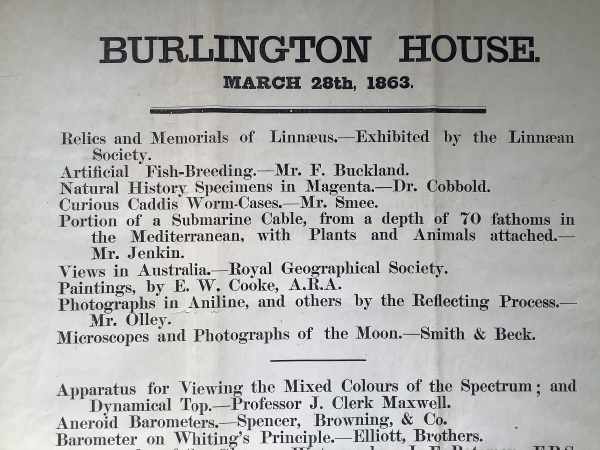 Poster for a Royal Society conversazione at Burlington House on 28 March 1863 (detail)