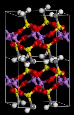 Two unit cells of the C2/m structure of Li(CH3SO3). The c-axis is vertical. (Grey = carbon, white = hydrogen, red = oxygen, yellow = sulfur, purple = lithium.)