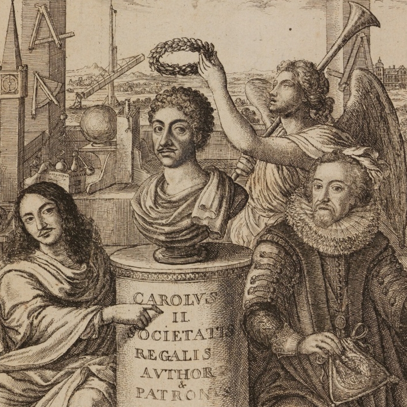 Frontispiece from Thomas Sprat’s 'History of the Royal Society', 1667 (detail)