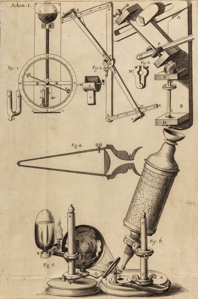 Hooke's microscope and other instruments, from 'Micrographia' (1665)