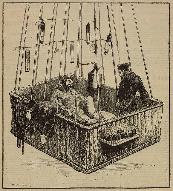 Wood engraving depicting the Zénith basket during the tragic ascent 