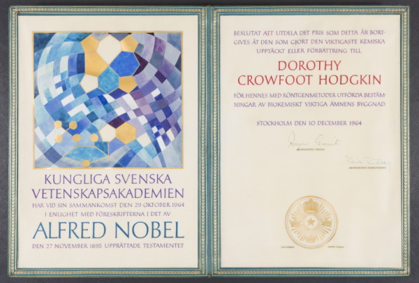 Dorothy Hodgkin’s Nobel Prize certificate, 1964