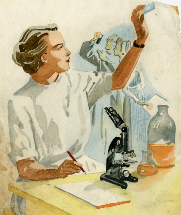 Woman with microscope (unknown artist and sitter)