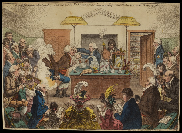 Satirical depiction of an RI lecture showing Thomas Garnett administering laughing gas