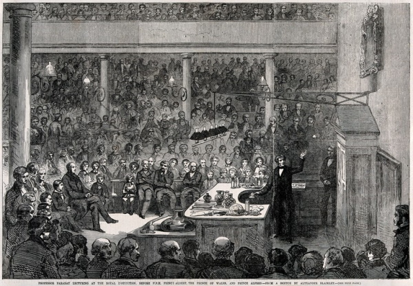 Michael Faraday presenting in the RI’s lecture theatre, 1856