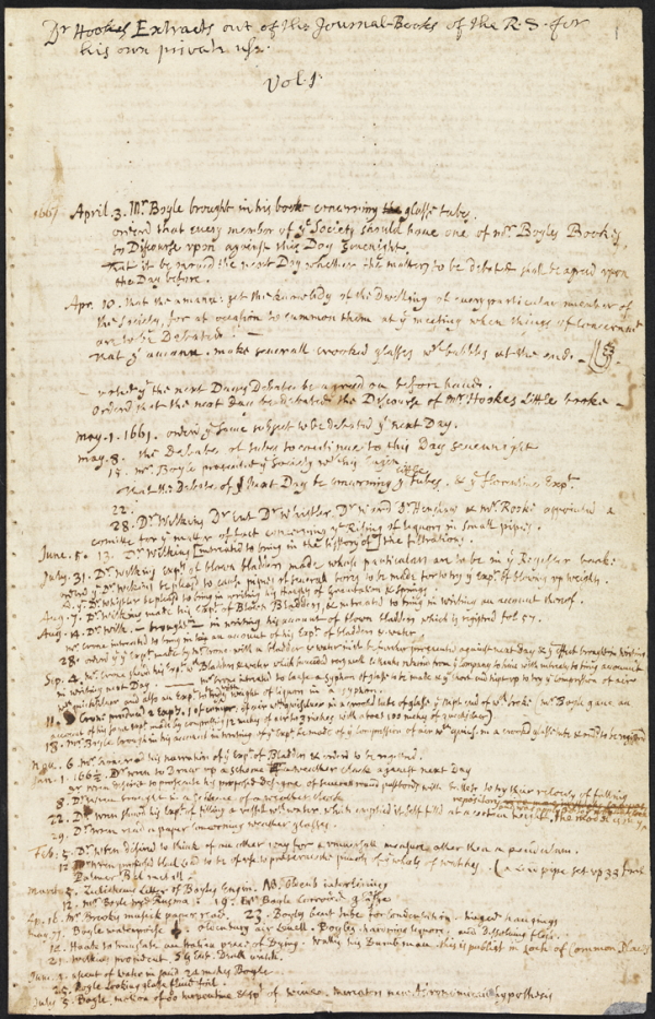First page of the Hooke Folio (Royal Society MS/847)