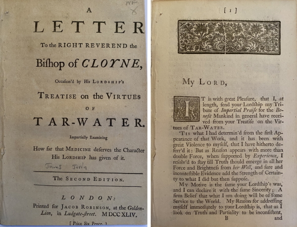 Title page and first page of James Jurin's 'Letter to the Bishop of Cloyne', 1744