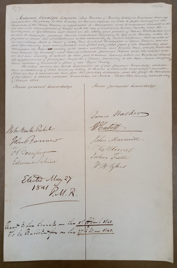 Ardaseer Cursetjee Wadia's election certificate EC/1841/26