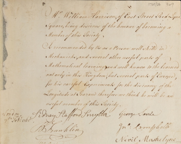 Citation from William Harrison's election certificate, 1765