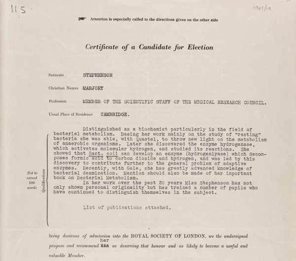Citation from Marjory Stephenson’s election certificate, 1945