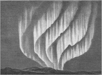 Adam Paulsen, ‘Aurora (multiple rayed-bands) observed to South-West from Godthaab on 15 November 1882 at 00h 30m’, drawing in Observations internationales polaires, 1882–83, Expédition Danoise: observations faites à Godthaab (Chez G. E. C. Gad, Libraire de L'université, Copenhagen, 1893), p. 3.