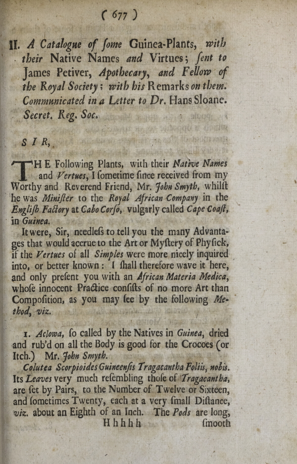 'A catalogue of some Guinea-Plants ... sent to James Petiver' (1697)