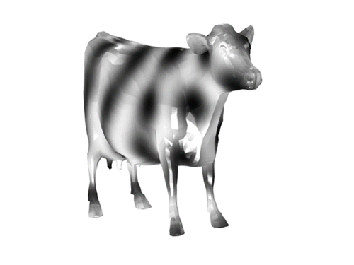 A reaction-diffusion simulation on the surface of a cow