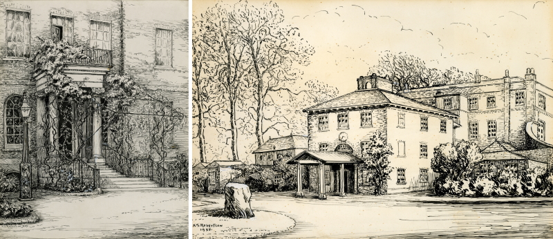 Entrance to Bushy House, and landscape view of the north side of Bushy House, by Lady Kathleen Stannus Robertson