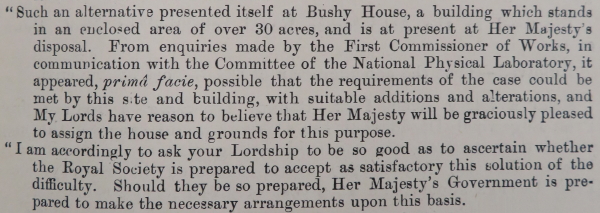 Extract from a letter from H.M. Office of Works, offering Bushy House as a site for the NPL