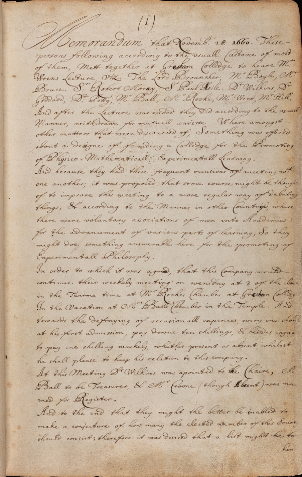 Minutes of the first meeting of the Royal Society, 28 November 1660