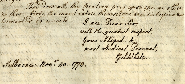 Letter from Gilbert White to Daines Barrington, 20 Nov 1773