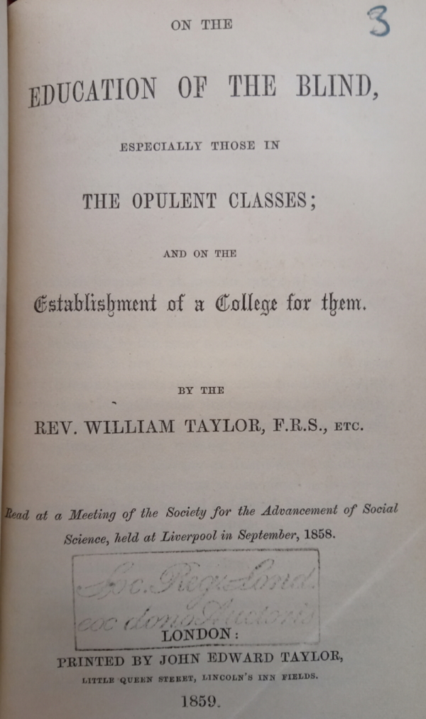 Title page of 'On the education of the blind' (1859) by William Taylor FRS