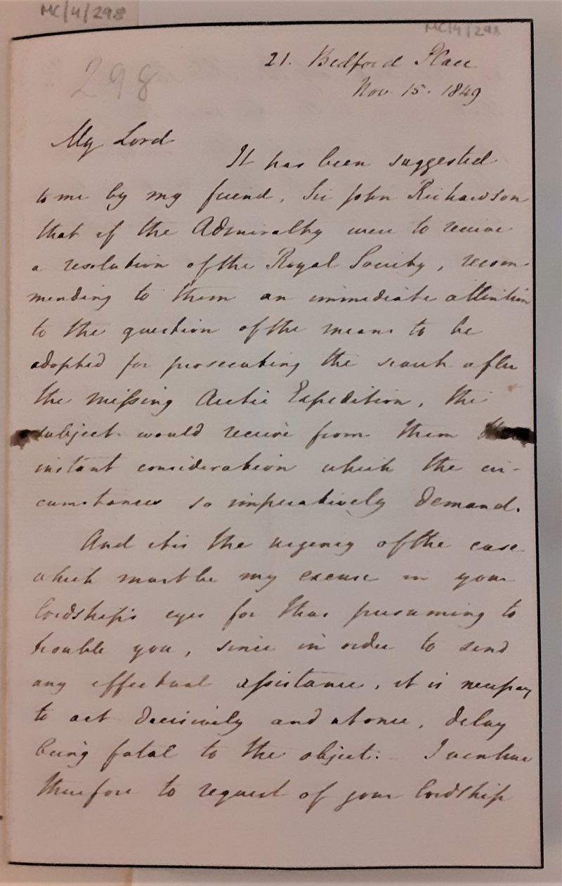 Letter from Jane Franklin to the Earl of Rosse, November 1849
