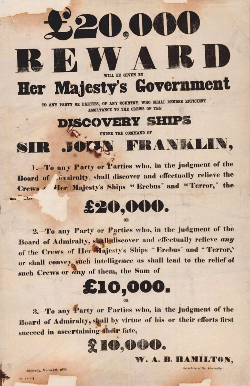 Notice offering a reward for information on the missing Franklin expedition