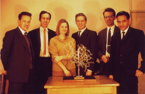 The lysozyme team at the Royal Institution: G. A. Mair, C. C. F. Blake, Louise Johnson, A. C. North, D. C. Phillips, V. R. Sarma. (Photograph courtesy of A. C. North.)