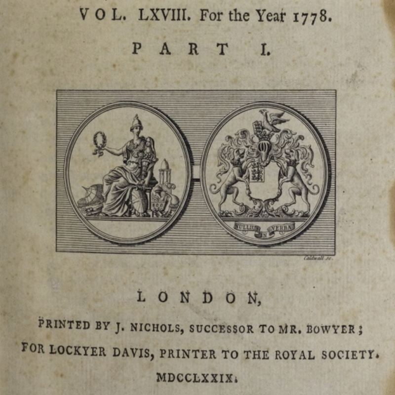 Title page for Philosophical Transactions volume 68, 1778 (detail)